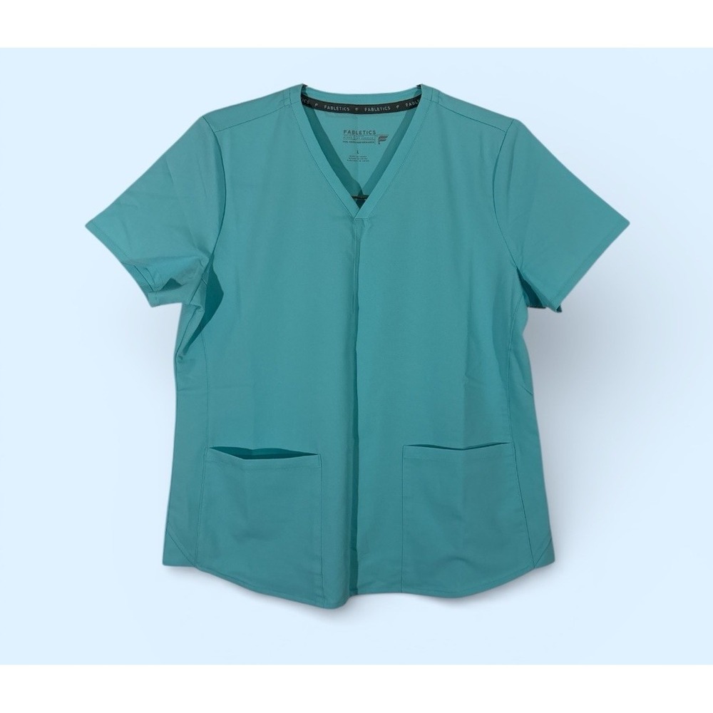 Fabletics Scrub Top Method Womens LARGE‎ Seafoam Green Pocketed Short Sleeve